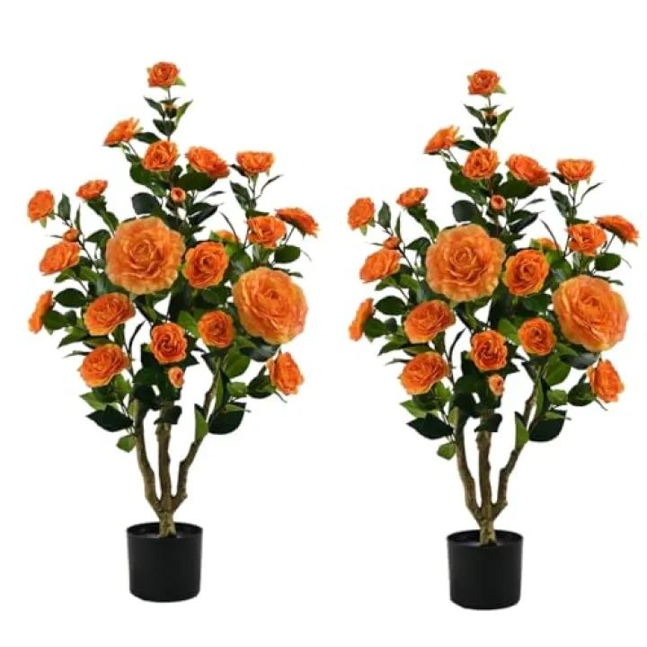Kzztkz Artificial Camellia Plant in Black Pot - 36 “ Faux Spring Flower Tree with Realistic Camellia Flower, Fake Flower Tree Perfect for Home Decor, Office Indoor/Outdoor Use (Orange)