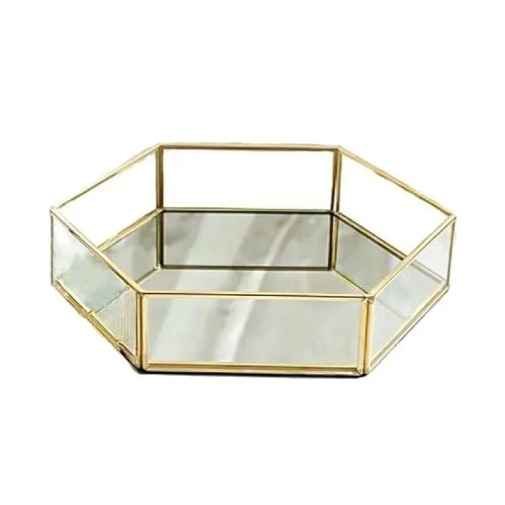 Octagonal Mirror Glass Vanity Tray - Ornate Makeup & Perfume Organizer, Vintage Jewelry Trinket Tray - Ideal for Dresser Decor, Bathroom Storage, and Home Decoration
