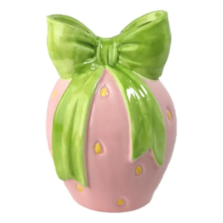 Ceramic Strawberry Vase with Bow Design, Unique Flower Vase for Home Decor in Red and Pink, Perfect for Vintage, Chinoiserie, and Floral Arrangements (Pink, S)
