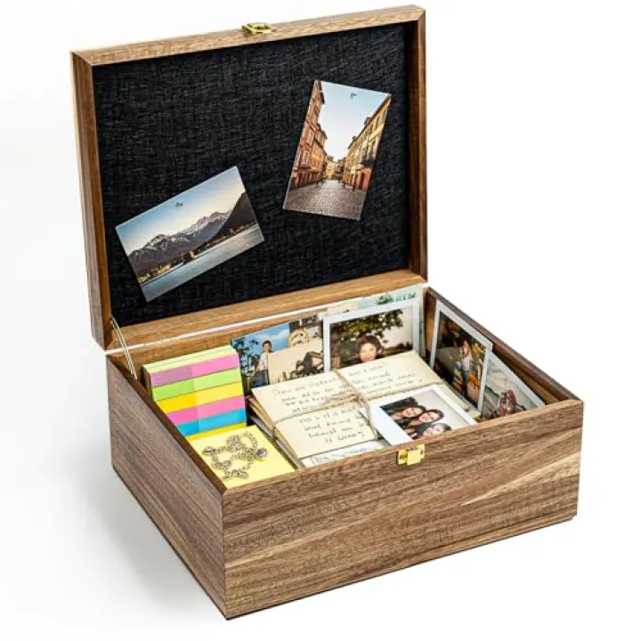 Keepsake Box – Wooden Keepsake Memory Box with Hinged Lid, Tree of Life Engraving, Large Acacia Wood Box 11"x8.6"x5", Felt Photo Board, Secure Latch – Storage for Photos, Letters, Jewelry, Crafts