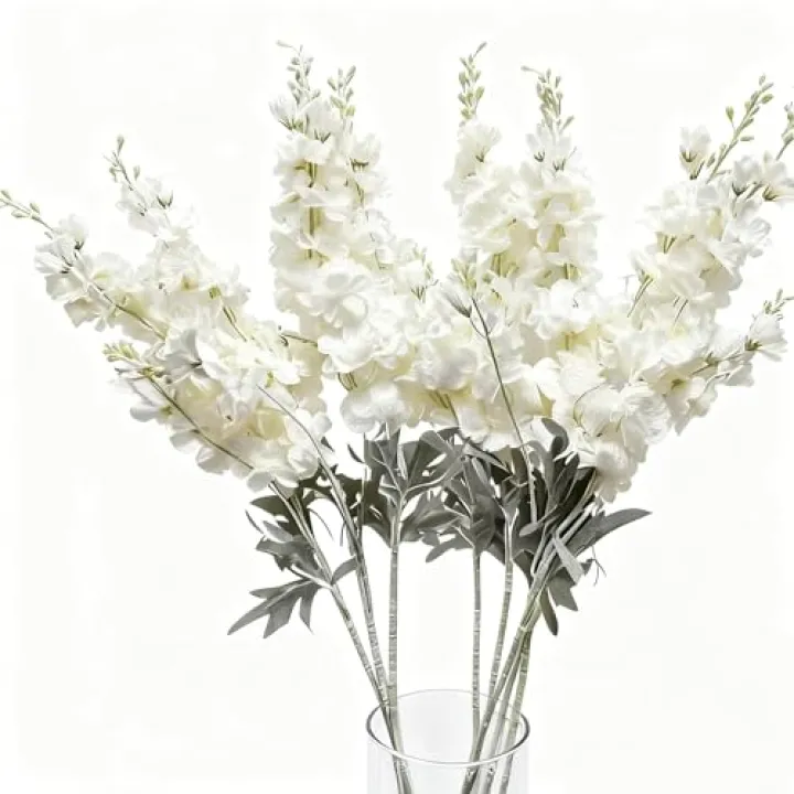 Outwisp 8PCS Delphinium Artificial Flowers Larkspur Bulk Silk Flowers 33.5 in Long Stem Fake Flowers for Home Garden Wedding Floral Arrangements Decor (8, White)