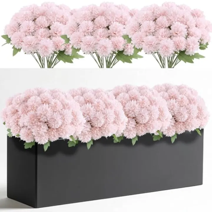 Lcuasc 12 Bundle Artificial Mums Flowers for Outdoor Spring Decoration,Faux Ball Chrysanthemums Bouquet Fake Silk Flower for Vase Easter Table Floral Arrangement Wedding Home Decor(12, Pink)