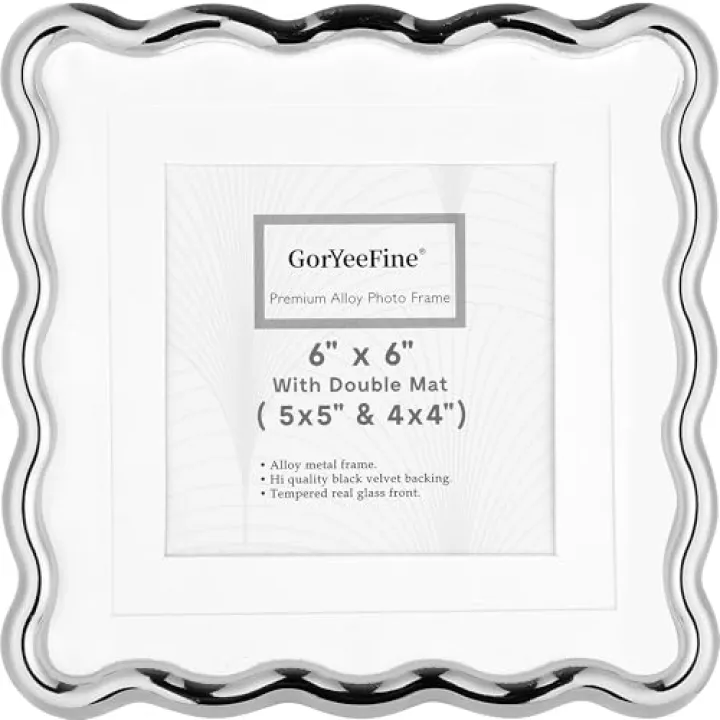 Silver 6x6'' Wave Design Picture Frame with Acid Free Double Mat for 4x4''& 5x5'',High-End Zinc Alloy Photo Frames with Velvet Back,Fashionable Style Silver frames 4x4'' for Tabletop or Wall Décor