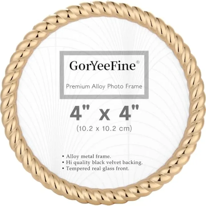 GorYeeFine 4x4'' High-End Round Gold Photo Frames - Contemporary Rope Profile,Hi Qaulity Velvet Backing & Tempered Glass Front for Home Decor,for Desktop and Wall Hanging