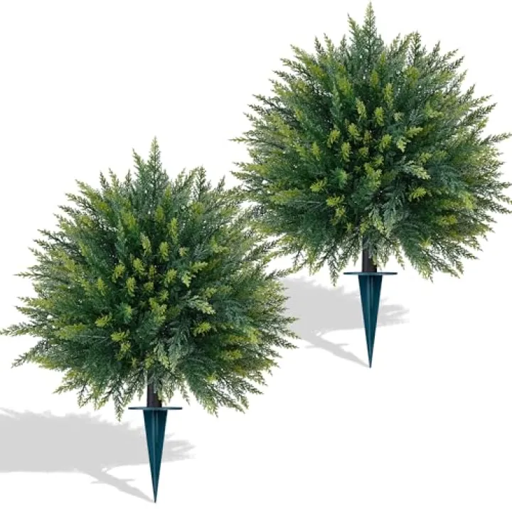 Yangrass 2PCS Artificial Cedar Topiary Ball Trees 23" for Outdoors with Ground Spike, UV Resistant Artificial Cypress Trees, Evergreen Shrubs Bushes Faux Plants for Front Porch Garden Backyard