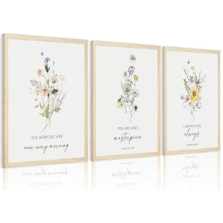 3 Pcs Christian Floral Scripture Canvas Wall Art Wildflower Bible Verse Posters Wall Decor Biblical Psalm Artwork Prints Prayer Room Painting Pictures for Living Room Bedroom 12x16 in Unframed