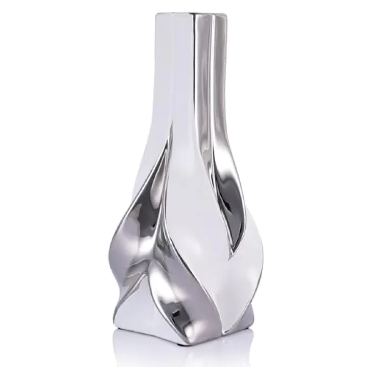 oliruim 10.6" Tall White and Silver Ceramic Vase – Modern Elegant Home Decor for Living Room, Table Centerpiece, Desk, Office, Perfect for Pampas Grass (White Silver)