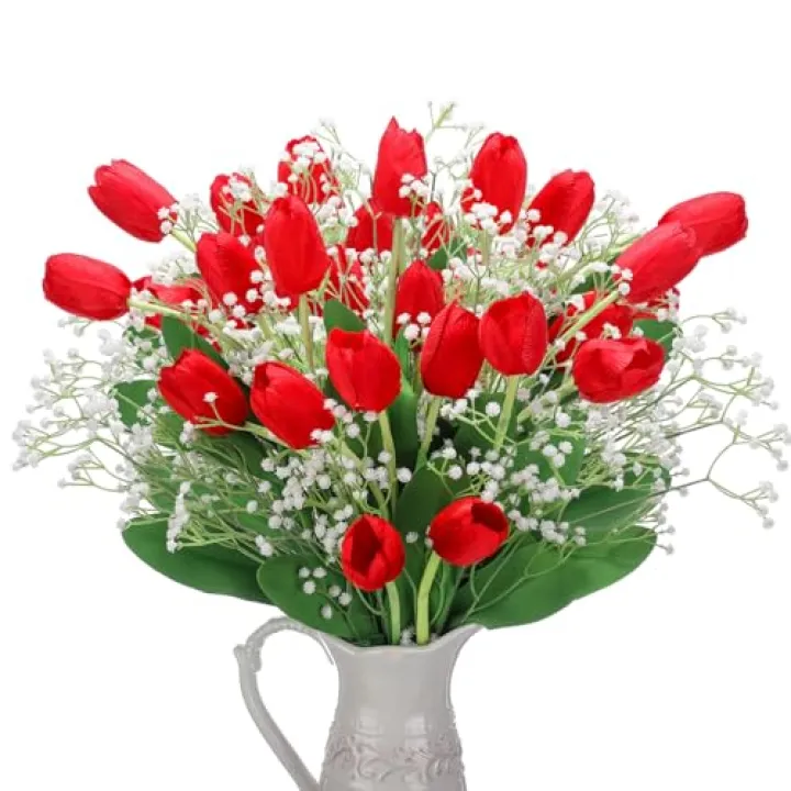 Hotop 30pcs 24 Inch Valentine's Day Artificial Flowers Valentines Floral Decorations Artificial Tulip Fake Baby's Breath Flower Bouquet Faux Bunches for Home Decor, Wedding, DIY Gift Party(Red, White)
