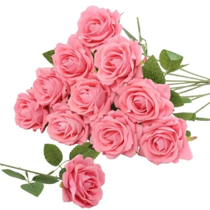 IPOPU 10PCS Artificial Roses Velvet Fake Flowers with Long Stems Pink Roses Head Bunch for Home Wedding Bouquets Party Centerpiece Table Valentines Day Decorations (Pink)
