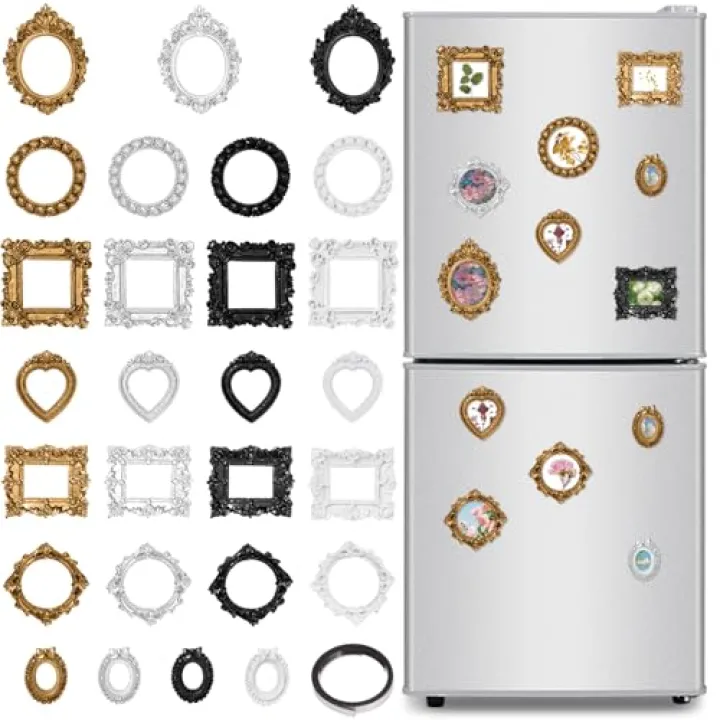 Fiwochic 30 Pcs Mini Vintage Gold Photo Frames for Craft, Antique Resin Oval Rectangle Picture Frames with Magnetic Tape for DIY Fridge Magnet Jewelry Display Photography Photo Wedding Party Decor