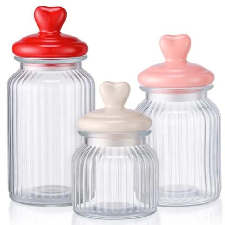 Thyle Valentine's Day Candy Jars with Lids Set of 3 Airtight Glass Jars 22 32 46oz Clear Heart Cookie Valentine Jar with Colorful Cute Heart Shaped Lids Food Storage Decorative Glass Jar