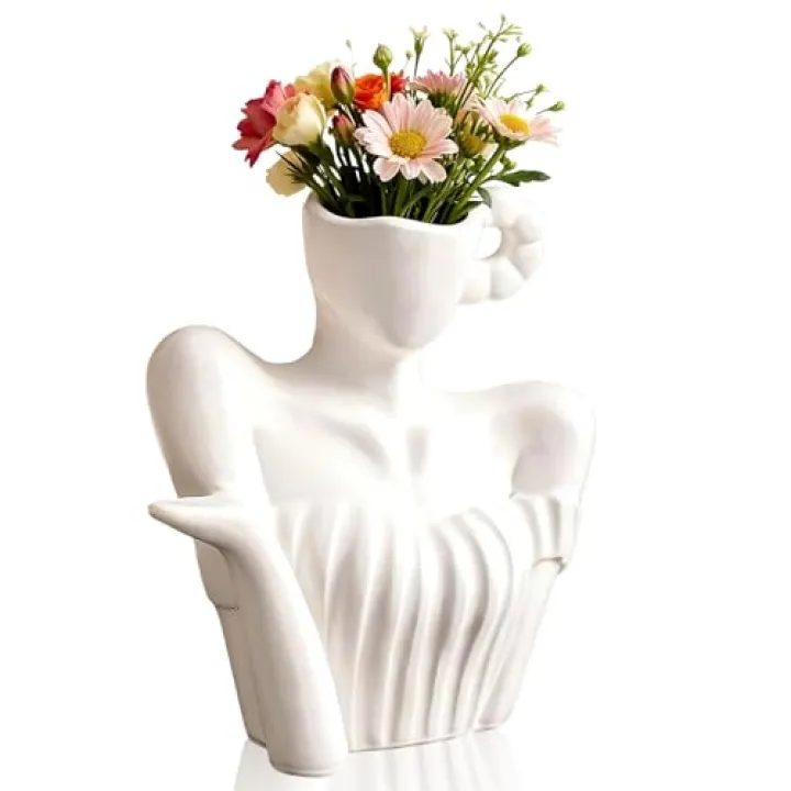 Ceramic Body Vase, Modern Artistic Human Shape Flower Vase for Decor, Small White Vase for Table, Shelf, Living Room, Office, Bedroom