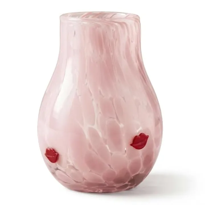 Skylety Valentine's Day Icon Glass Vase Icon Pink & White Flower Vase 5.75'' x 4.25'' Hand Blown Table Centerpiece for Him Her Valentine's Day Wedding Housewarming Gifts Home Decor (Red Lips)