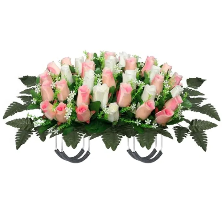 QSBOFOST Artificial Cemetery Flower Saddles,Complete Memorial Flower Set,Cemetery Flowers for Grave,Memorial Grave Flowers for Tombstone Decoration (Pink White)