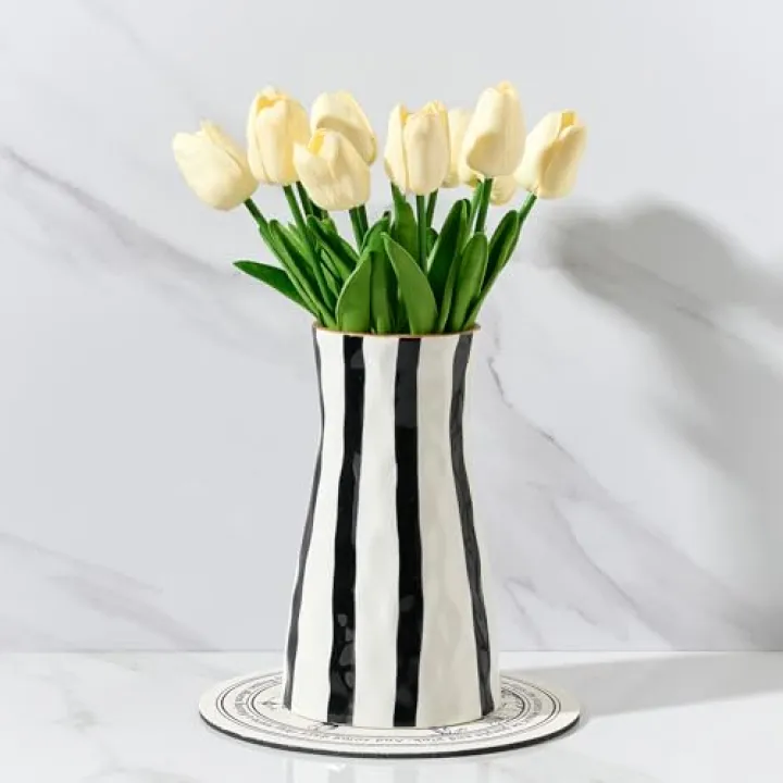 SIDUCAL Elegant Black and White Striped Ceramic Vase – Modern Home Décor Flower Vase for Living Room, Office, Dining Room, Shelf, Entryway, Wedding, Table