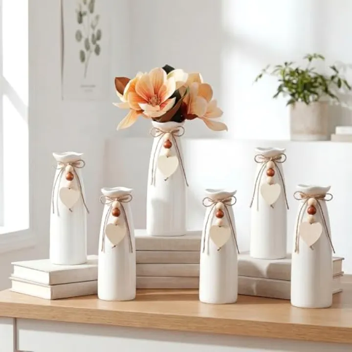 Ferrochef 6 Set Ceramic Flower Vase 8 Inch Jute Rope and Heart Charm Vase for Bohemian Home Decoration Modern Flower Vases Boho Table Centerpieces for Gifts Living Room Bedroom Office