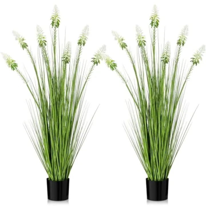 Jexine 2 Pieces Faux Plants Outdoor 4 ft Horsetail Reed Grass with White Cockscomb Flower Tall Artificial Grass Plant Potted Faux Greenery Floor Plant for Housewarming Gift House Garden Lobby Outdoor