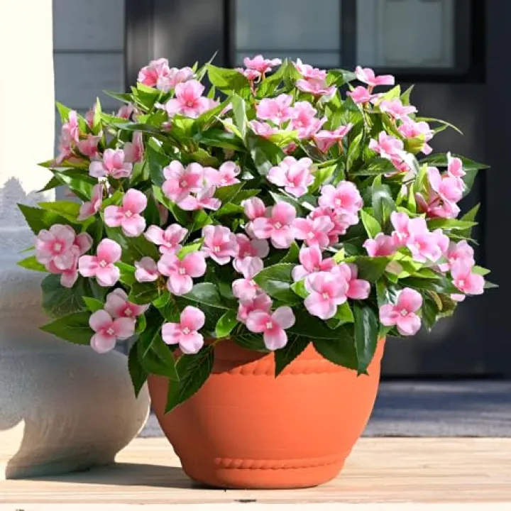 Waipfaru 5 Ppcs Artificial Flowers for Outdoors, UV Resistant Faux Flowers for Outdoor Planters, Silk Impatiens Bouquet Pink Spring Artificial Plants for Garden Porch Patio Balcony Yard Decoration