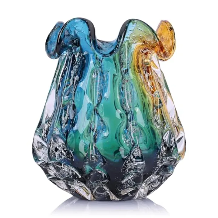 9.9" Tall Large Clear Glass Vase Wide Mouth, Pretty Hand Blown Glass Vase for Bouquet, Unique Teal and Amber Sea Vases for Modern High End Living Room, Office, Dining Table Centerpieces