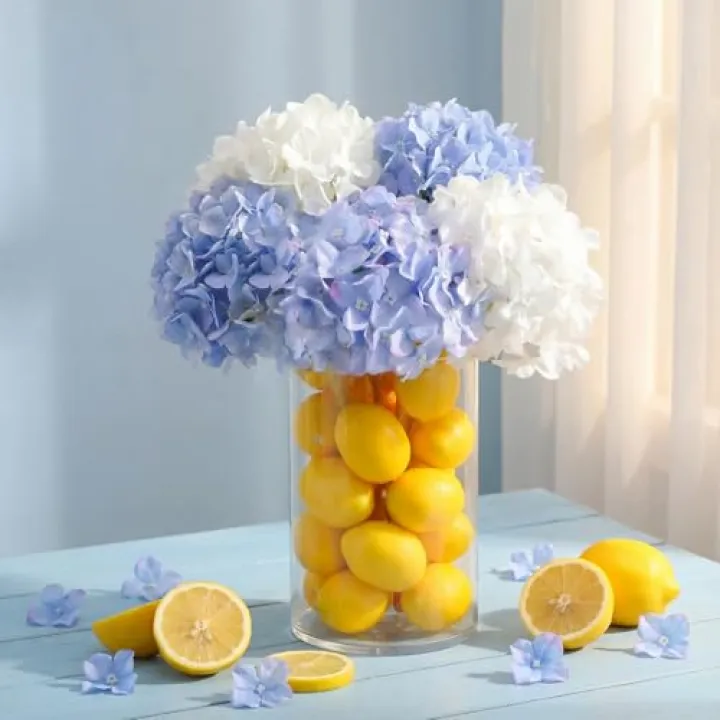 5 Pcs Real Touch Hydrangea Artificial Flowers and 20 Artificial Lemons with Vase Faux Hydrangea with Stems Fake Silk Flowers for Home Decor Party Floral Arrangements Wedding Bouquets Centerpieces