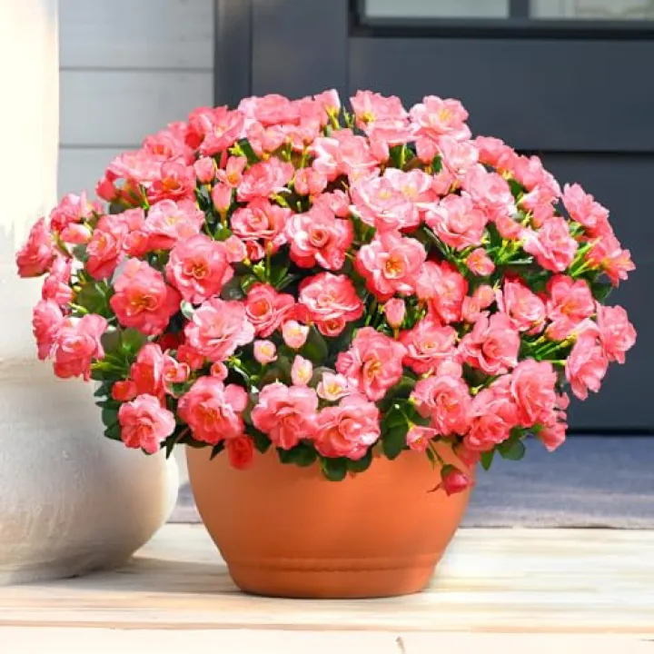 Waipfaru Artificial Faux Outdoor Flowers Plants for Spring Summer Decoration, Fake Silk Camellia UV Resistant Look Real for Planter Outside Front Door Porch Patio Balcony, 4 Large Bundles