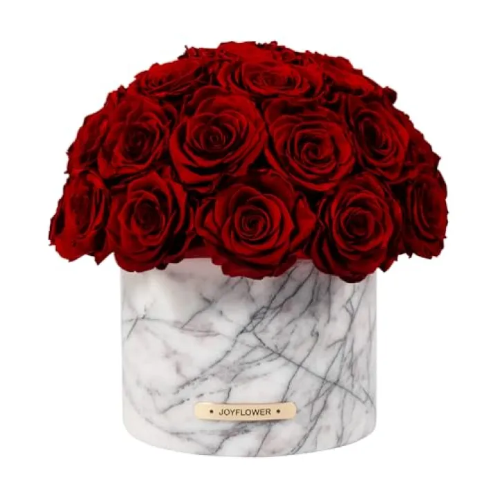 JoyFlower Preserved Flowers in Marble Vase, Flower Vase Marbles for Table Centerpiece, Bordeaux Red Eternal Flower Decorations for Party Home Living Room Bedroom Shop House, Decorative Flower Decor