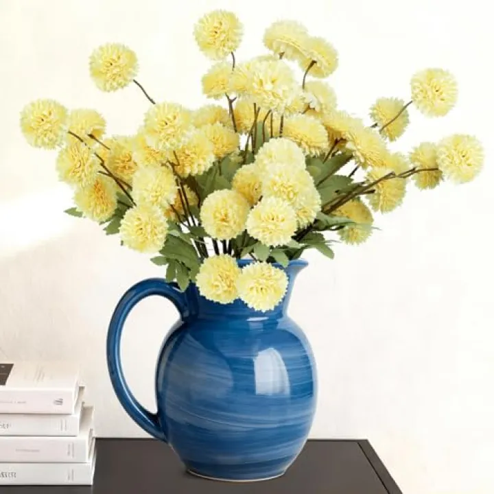 INQCMY Artificial Flowers 12pcs Ball Chrysanthemums for Weddings Silk with Stemsdiy Champagne Bouquets Indoor and Outdoor Decoration Kitchen Table Decor (Yellow)