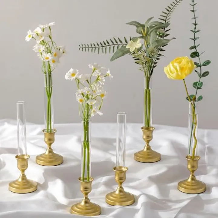 Inweder Bud Vases with Candlestick Holders: Set of 6 Clear Glass Vase with Silicon Sleeve for 0.87" Taper Candle Holder - Flower Vases for Centerpieces Wedding Table Party Decor