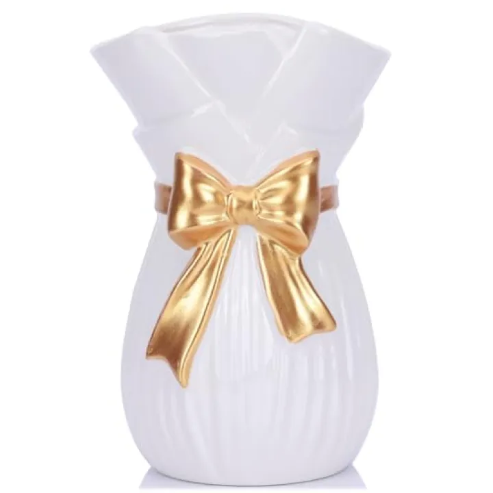 Bow Vase for Home Decor,7.8 Inch Cute Bow Ceramic Vase with Bowknot Design,Large Opening Floral for Fresh/Dried/Faux Flowers,Ideal for Kitchen Table/Living Room/Shelf/Dorm Decor (White Gold)
