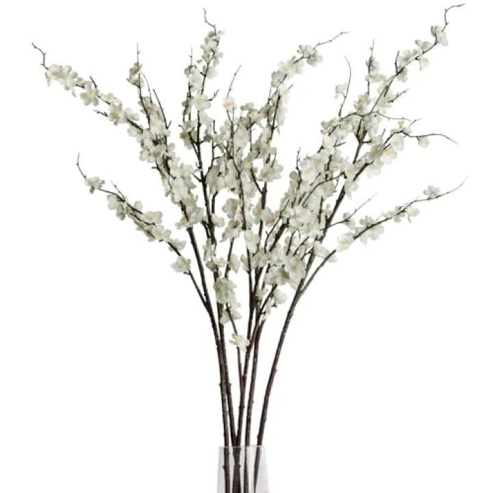 SLanC 5Pcs Silk Cherry Blossom Branches 39'' Artificial Flowers Faux Cherry Blossom Stems for Vase Summer Spring Wedding Decor (5, White)