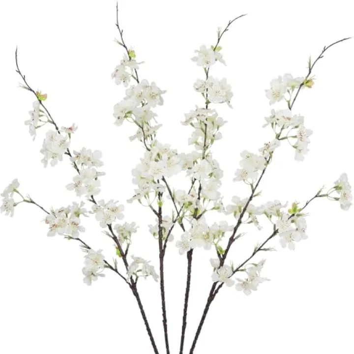 FRUNVS 4 Pcs Cherry Blossom Branches Fake Flowers for Spring Summer Indoor Home Decor 32" White Faux Artificial Cherry Flowers Long Stems for Vase Wedding Office Party Table Centerpieces Bedroom Decor