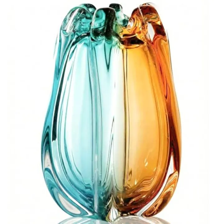 Hand Blown Art Glass Vase for Decor,Heavy Large Wide Mouth Flower Vase,Art Deco Murano Style Teal Amber Living Room Centerpiece,Modern Boho Home Accent,Bookshelves and Wedding Decorations (7.6in)