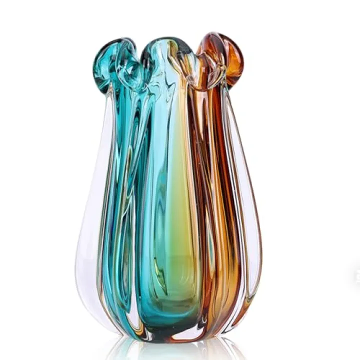 Hand Blown Glass vase, Gradient Blue and Amber Thick-Walled Decorative vase, Glass Art Wide-Mouth vase, Suitable for Living Room Coffee Tables, entryway Decor, Offices, and TV Cabinet Accents. (L)