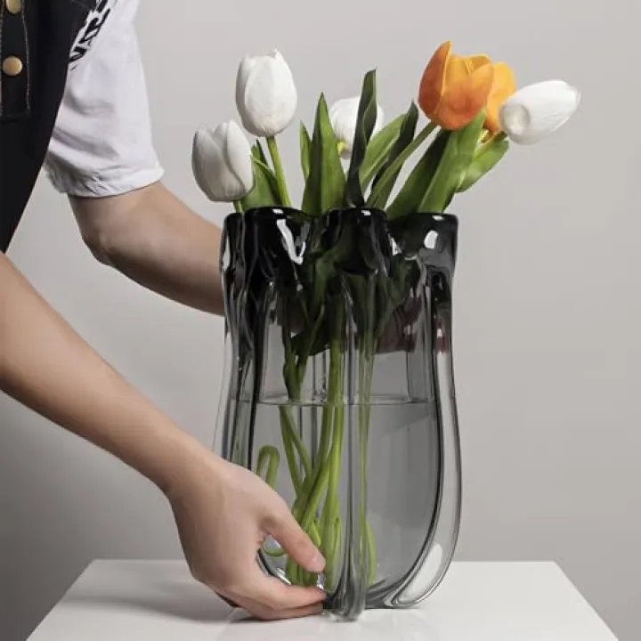 Modern Black Advanced Grey Glass Vase for Flowers, Hand Blown Art Glass Glass vase,Room Decoration and Centerpiece