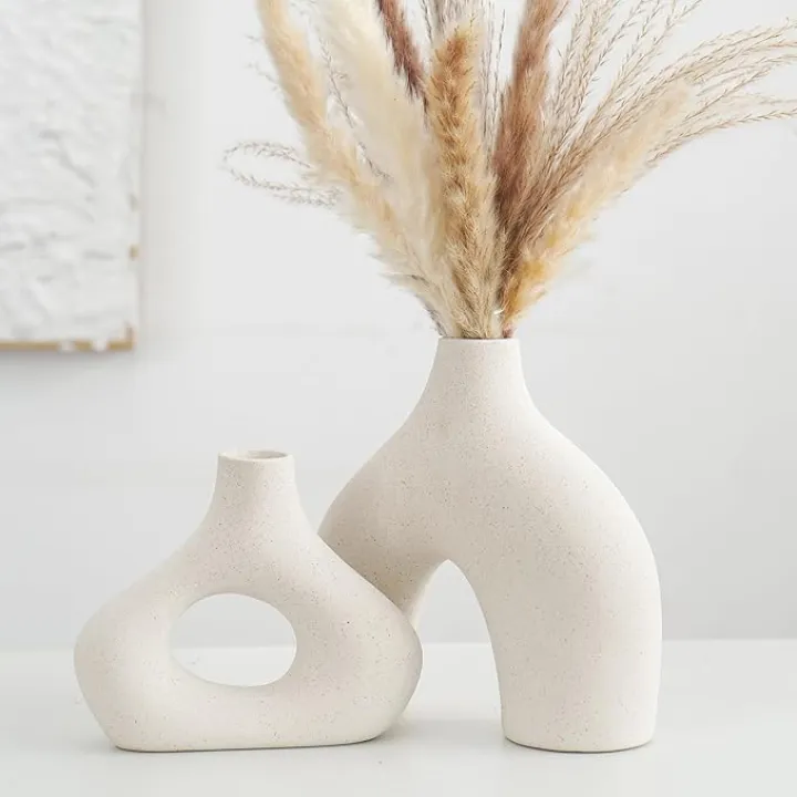CEMABT Beige Ceramic Vase Set of 2 for Modern Minimalist Bohemian Decor