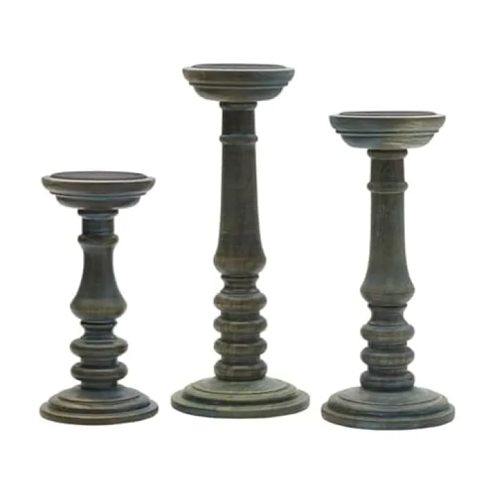 Elements Wood Candle Holders - Set of 3, Decorative Pillar Candle Stands for Home Decor - 9-Inch, 11-Inch, 13-Inch - Tall Taper Candle Holder, Vintage Curved Silhouette (Teal Wash)