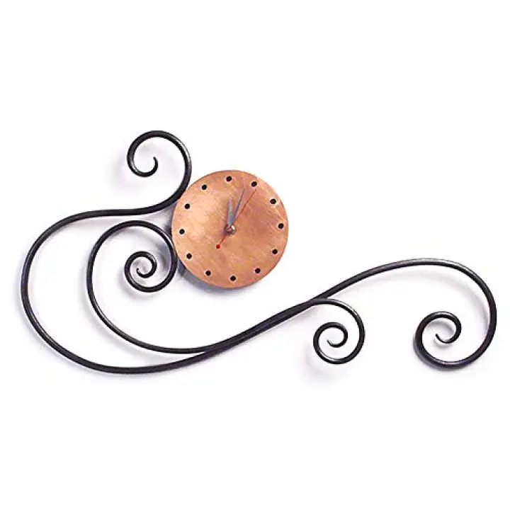 Modern Artisans Contemporary Scroll Iron Wall Clock with Copper Face, Hand-Forged in The USA, 24"