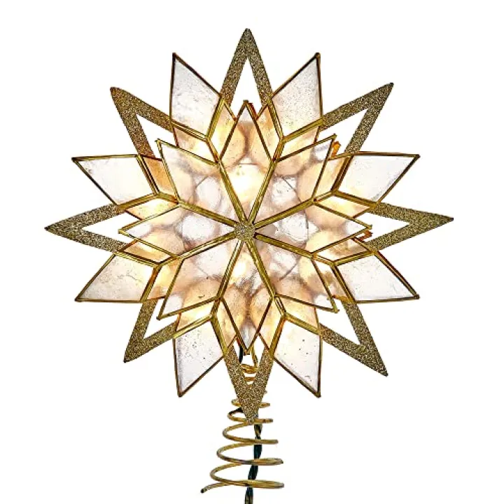 10-Light 8-Point Capiz Star Gold Glitter Treetop