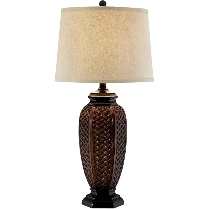 Regency Hill Country Cottage Tropical Natural Table Lamp 29" Tall Brown Woven Wicker Pattern Beige Linen Drum Shade Decor for Living Room Bedroom House Home Dining Office Reading Entryway