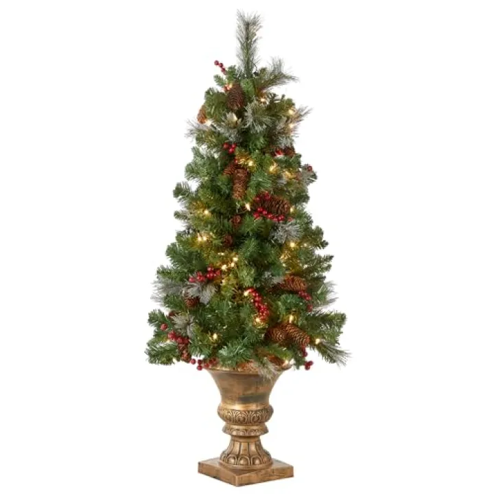 National Tree Company 4 ft Pre-Lit Crestwood Spruce Mini Artificial Christmas Entrance Tree, 100 Clear Lights, 230 Tips, Glitter, Pinecones, Red Berries, Gold Rubbed Pedestal Base, Green