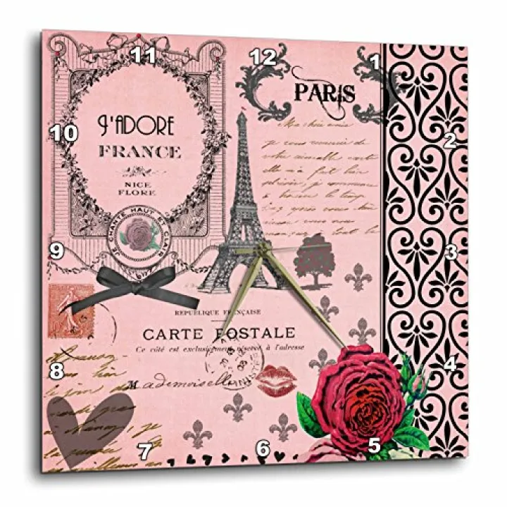 3dRose DPP_76593_1 Stylish Vintage Pink Paris Collage Art Eiffel Tower Red Rose Girly Gothic Black Bow and Swirls Wall Clock, 10 by 10"