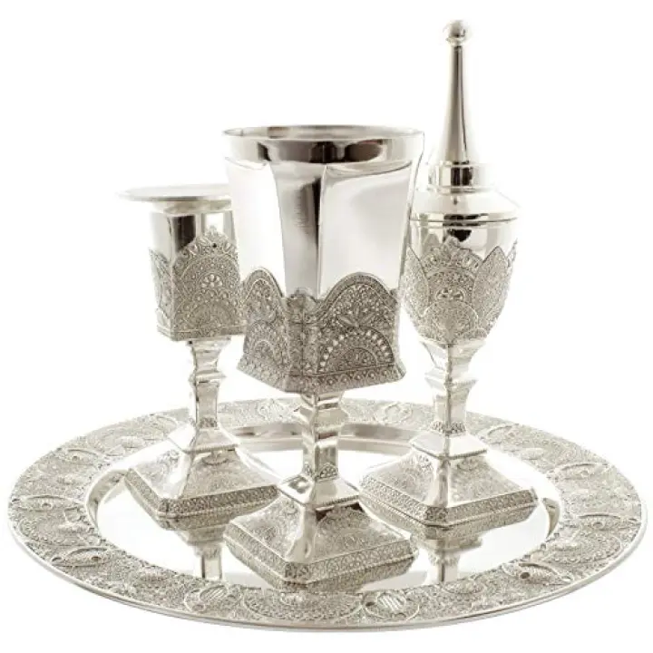 Silver Plated Filigree Design Havdalah Set with a Kiddush Wine Cup, a Spice Box and Havdalah Candle