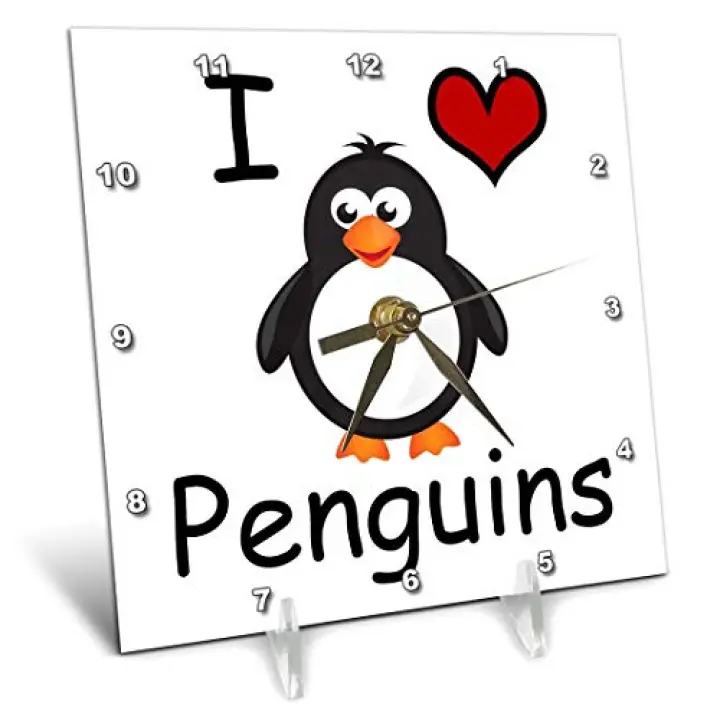 3dRose dc_123042_1 I Love Penguins Desk Clock, 6 by 6"