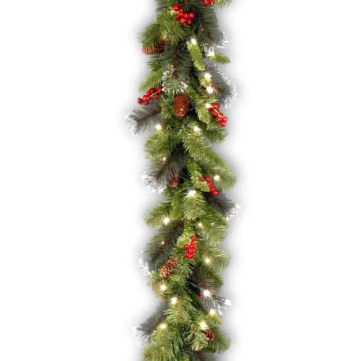 National Tree Company 9 ft Pre-Lit Crestwood Spruce Artificial Christmas Garland, Christmas Decoration with Glitter, Pinecones, Red Berries, 50 Clear Lights, 180 Tips, Green