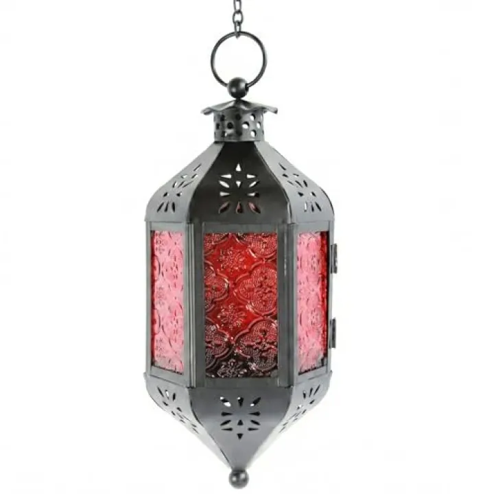 Vela Lanterns 11.5" Hanging Moroccan Decorative Candle Lantern Lamp – Indoor/Outdoor Tea Light Candle Holder for Patio, Porch, Ramadan or Home Decor, Ruby Red