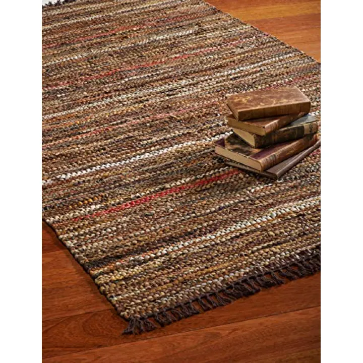 HF by LT Tucson Hallway Rug Runner, 2-1/2' X 8', Handwoven Recycled Leather, Brown
