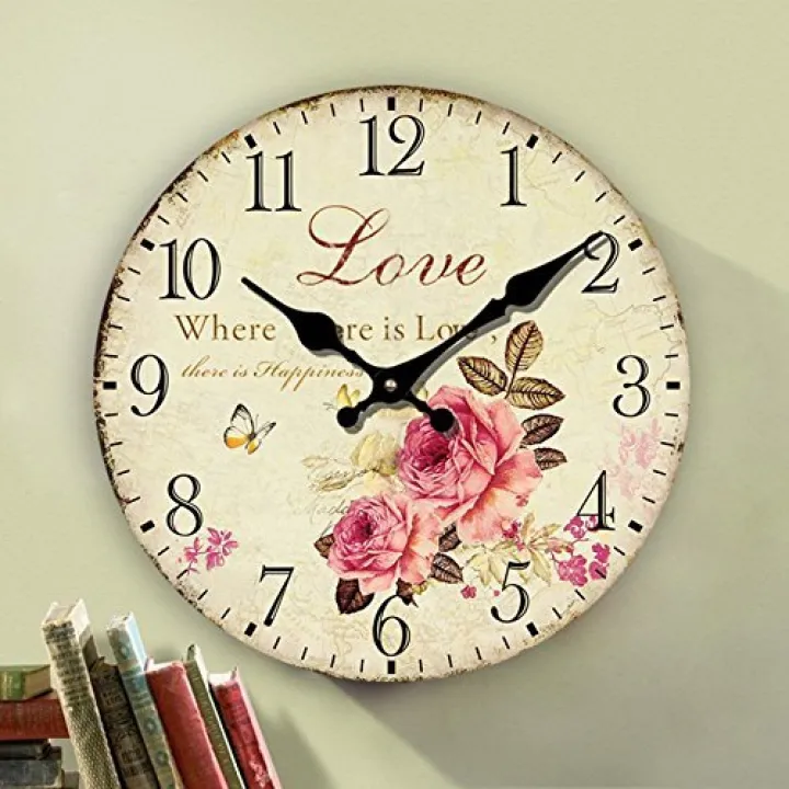 Eruner Romantic Roses Clock, 14" Country Floral Wall ClockLove Wooden Art Decor Non-Ticking Home Decoration(C-62)