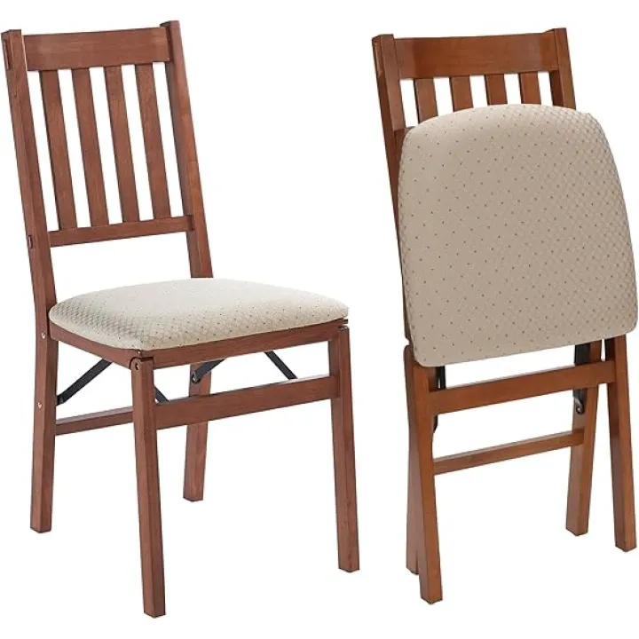 Stakmore Arts and Crafts Wooden Folding Chairs with Padded Seats, Set of 2 - No Assembly Foldable Dining Chairs, Steel Folding Mechanism, Upholstered Cushion, Space-Saving, Fruitwood Frame