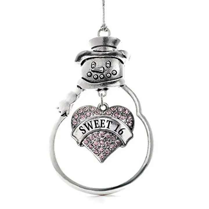 Inspired Silver - Pink Sweet 16 - Silver Christmas Ornament - Pink Pave Heart Charm Christmas Tree Ornament with Cubic Zirconia - Snowman Hanging Decoration