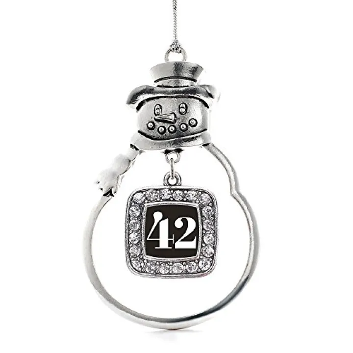 Inspired Silver - Sport Number 42 - Silver Christmas Ornament - Square Charm Christmas Tree Ornament with Cubic Zirconia - Snowman Hanging Decoration